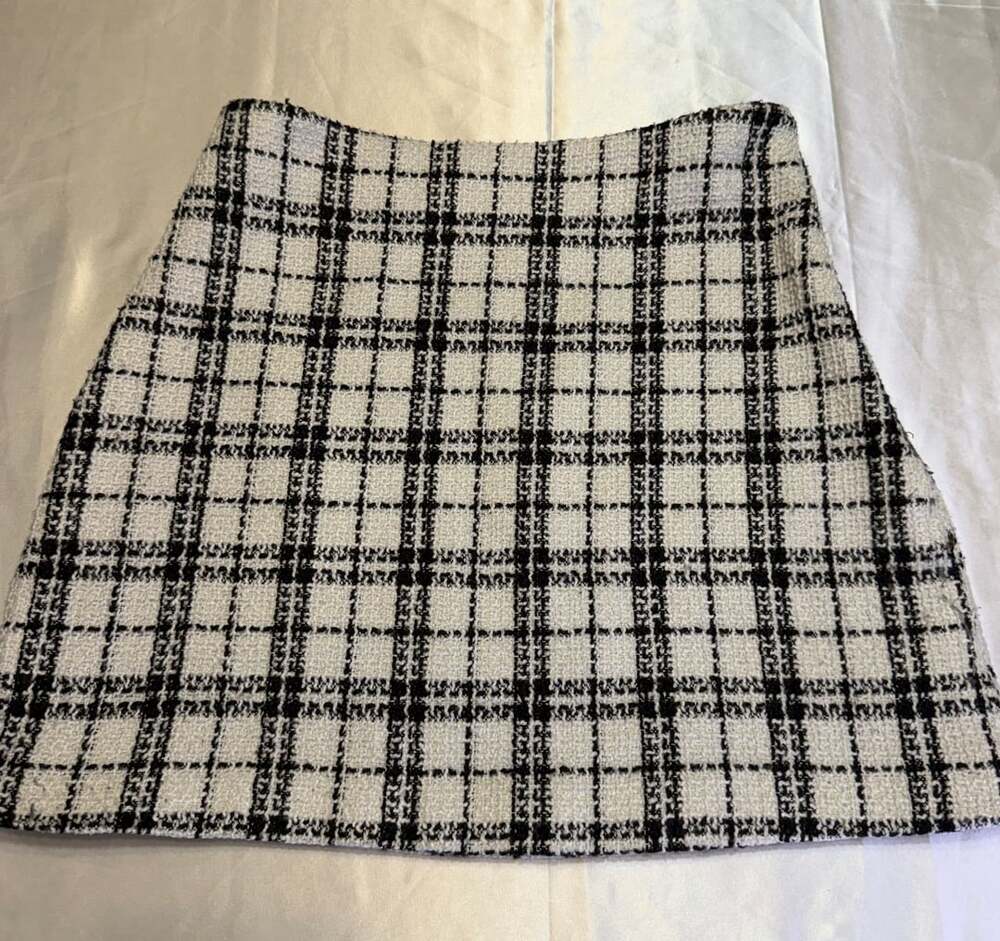 Storia Black White Plaid Tweed Mini Skirt M